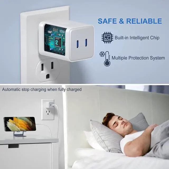 Alt view image 6 of 7 - Dual USB C Fast Charger 40W, Dual 20W Type C Wall Charger Fast Charging Block USB-C Power Adapter Plug Wall Charger Block Compatible i-P-h-o-n-e 14/13/12, i-P-a-d Pro/Air/Mini etc - White