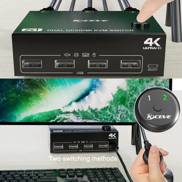 Alt view image 3 of 7 - Dual Monitor KVM Switch HDMI and DP 2 Port 4K @60Hz, Extended Display Switcher for 2 Computers Share 2 Monitors (1 Displayport and 1 HDMI) with 4 USB 2.0 Hub, Desktop Controller and USB HDMI DP Cables