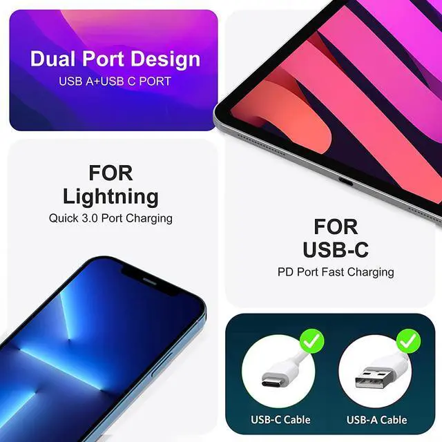 Alt view image 5 of 7 - 35W USB C Fast Charger, Upgraded 2-Pack 4 Port Durable PD 20W QC 3.0 with USB A Wall Charger Block for i-P-h-o-n-e 12/13/14 /Pro Max, XS/XR/X, i-P-a-d Pro, Android Smartphones (White)