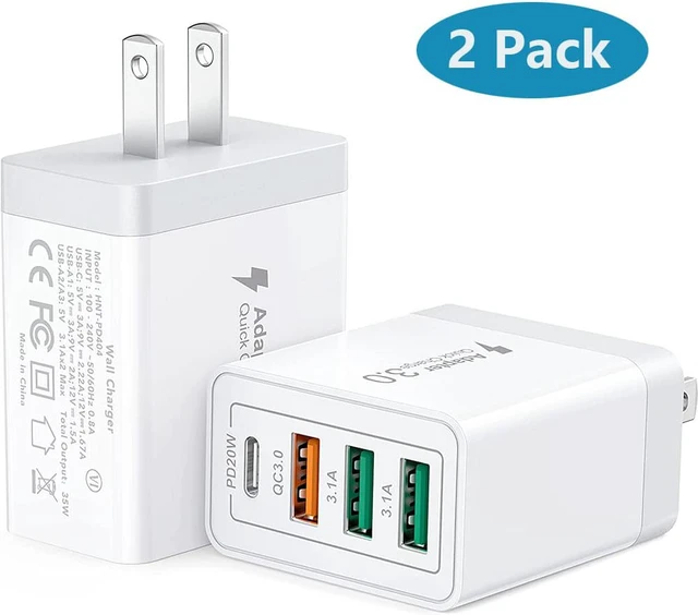 Main image of 35W USB C Fast Charger, Upgraded 2-Pack 4 Port Durable PD 20W QC 3.0 with USB A Wall Charger Block for i-P-h-o-n-e 12/13/14 /Pro Max, XS/XR/X, i-P-a-d Pro, Android Smartphones (White)
