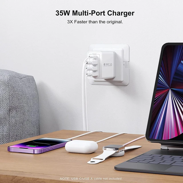 Alt view image 4 of 7 - 35W USB C Fast Charger, Upgraded 2-Pack 4 Port Durable PD 20W QC 3.0 with USB A Wall Charger Block for i-P-h-o-n-e 12/13/14 /Pro Max, XS/XR/X, i-P-a-d Pro, Android Smartphones (White)