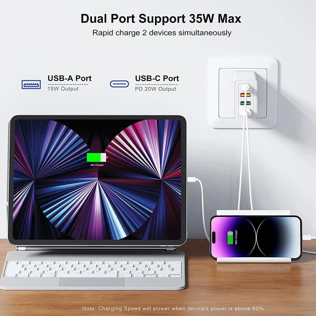 Alt view image 2 of 7 - 35W USB C Fast Charger, Upgraded 2-Pack 4 Port Durable PD 20W QC 3.0 with USB A Wall Charger Block for i-P-h-o-n-e 12/13/14 /Pro Max, XS/XR/X, i-P-a-d Pro, Android Smartphones (White)