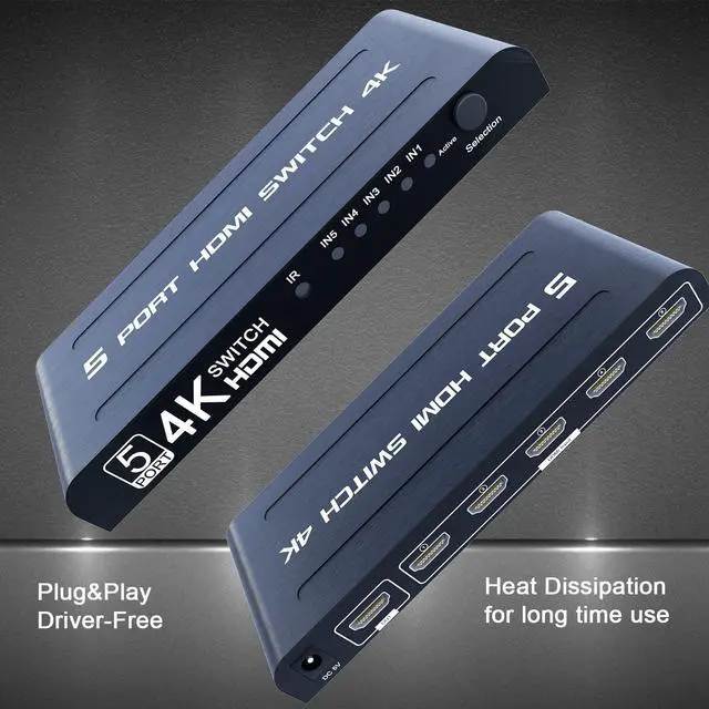 Alt view image 5 of 7 - 5 Ports HDMI Switch with Remote - HDMI Switcher 5 in 1 Out, HDMI Switcher 4K, 5 * HDMI 1.4 Port, Support 4K @30Hz TV, 3D Audio Video Sync, Plug&Play, Compatible with PS5 PS4 Xbox Fire Stick Roku etc.