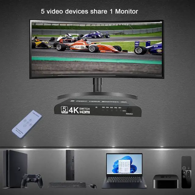 Alt view image 2 of 7 - 5 Ports HDMI Switch with Remote - HDMI Switcher 5 in 1 Out, HDMI Switcher 4K, 5 * HDMI 1.4 Port, Support 4K @30Hz TV, 3D Audio Video Sync, Plug&Play, Compatible with PS5 PS4 Xbox Fire Stick Roku etc.