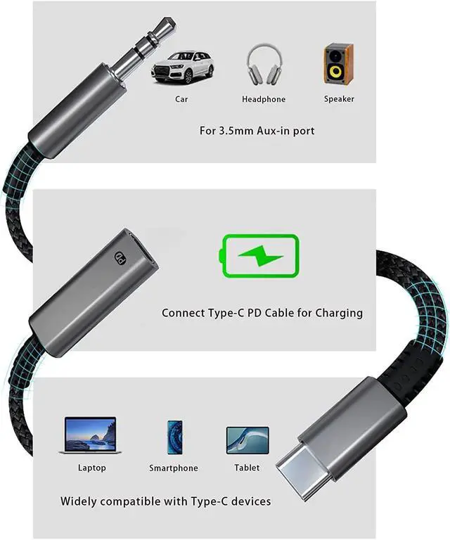 Alt view image 6 of 7 - USB C to 3.5mm Aux Cord for Car with Charging 4FT, 2-in-1 USB-C to 3.5mm Headphone Audio Jack Adapter and Charger,Type C aux Cable dongle for Stereo, Speaker, Galaxy S20 S21 S22 A53 and More (4FT)