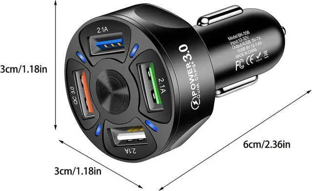 Alt view image 4 of 7 - USB Car Charger, Universal 4-Port Car Charger with Q-C 3.0 Fast Charge and LED Light, Durable Car Charger Supplies Compatible with IOS Android SmartPhones (Black)