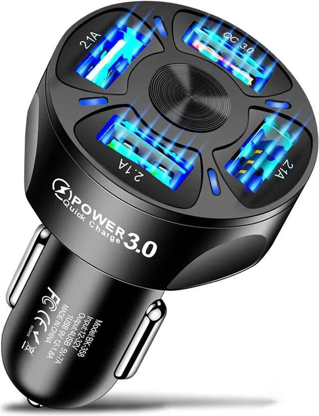 Main image of USB Car Charger, Universal 4-Port Car Charger with Q-C 3.0 Fast Charge and LED Light, Durable Car Charger Supplies Compatible with IOS Android SmartPhones (Black)