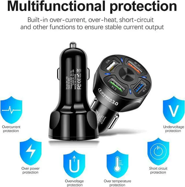 Alt view image 5 of 7 - USB Car Charger, Universal 4-Port Car Charger with Q-C 3.0 Fast Charge and LED Light, Durable Car Charger Supplies Compatible with IOS Android SmartPhones (Black)