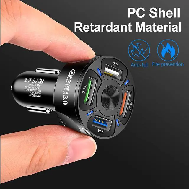 Alt view image 2 of 7 - USB Car Charger, Universal 4-Port Car Charger with Q-C 3.0 Fast Charge and LED Light, Durable Car Charger Supplies Compatible with IOS Android SmartPhones (Black)