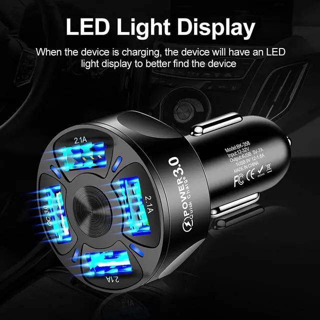 Alt view image 3 of 7 - USB Car Charger, Universal 4-Port Car Charger with Q-C 3.0 Fast Charge and LED Light, Durable Car Charger Supplies Compatible with IOS Android SmartPhones (Black)
