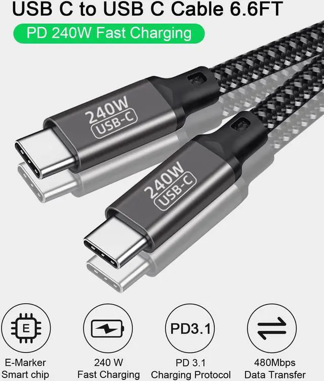 Alt view image 2 of 7 - USB C to USB C Cable 240W 6.6ft / 2M, Type C to Type C Cable, PD3.1 Fast Charging Cord Type C 48V 5A Nylon Braided Cable for M-a-c-B-o-o-k Pro i-P-a-d Pro Gal-axy S22/A10 Other USB C Devices