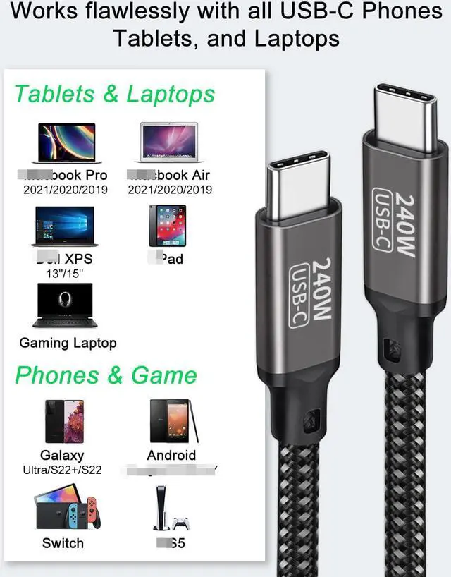 Alt view image 7 of 7 - USB C to USB C Cable 240W 6.6ft / 2M, Type C to Type C Cable, PD3.1 Fast Charging Cord Type C 48V 5A Nylon Braided Cable for M-a-c-B-o-o-k Pro i-P-a-d Pro Gal-axy S22/A10 Other USB C Devices