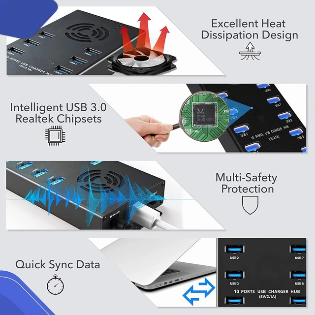 Alt view image 6 of 7 - Premium Design USB 3.0 Hub - Multi-Safety Protection 10-Port Powered USB Hub 3.0 with AC Adapter - USB Spllitter with Cooling Fan and Mounting Brackets - Aluminum - Hub for Multiple Devices