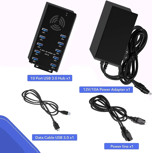 Alt view image 7 of 7 - Premium Design USB 3.0 Hub - Multi-Safety Protection 10-Port Powered USB Hub 3.0 with AC Adapter - USB Spllitter with Cooling Fan and Mounting Brackets - Aluminum - Hub for Multiple Devices