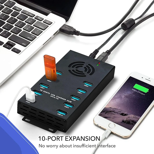 Alt view image 3 of 7 - Premium Design USB 3.0 Hub - Multi-Safety Protection 10-Port Powered USB Hub 3.0 with AC Adapter - USB Spllitter with Cooling Fan and Mounting Brackets - Aluminum - Hub for Multiple Devices