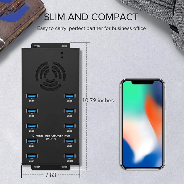Alt view image 4 of 7 - Premium Design USB 3.0 Hub - Multi-Safety Protection 10-Port Powered USB Hub 3.0 with AC Adapter - USB Spllitter with Cooling Fan and Mounting Brackets - Aluminum - Hub for Multiple Devices