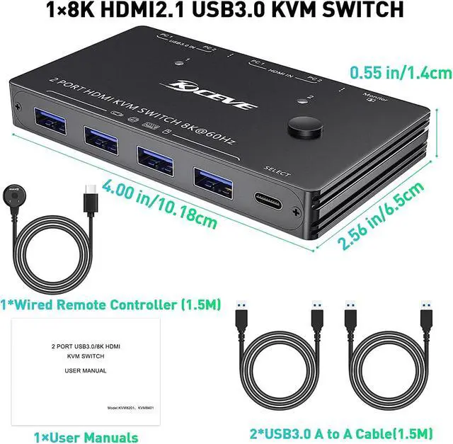 Alt view image 7 of 7 - 8K HDMI KVM Switch 2 Ports, USB 3.0 HDMI2.1 KVM Switcher Box, Support 7680x4320 8K @60Hz, 3840x2160 4K @120Hz Resolution for 2 Computers Share Mouse Keyboard and Monitor