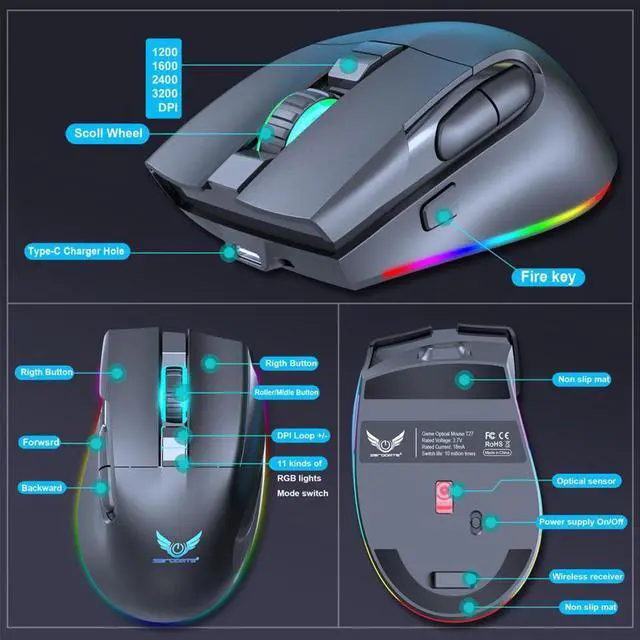 Alt view image 5 of 7 - 2.4G Wireless Gaming Mouse, RGB Rechargeable  Gaming Mice with 3200 DPI Adjustable, 7 Buttons,Fast-Charging,10 millons buttons life Ergonomic Optical Mouse, Accessories for Office, Laptop, Mac (Black)