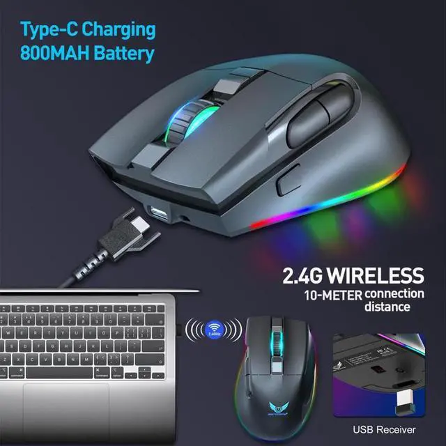 Alt view image 2 of 7 - 2.4G Wireless Gaming Mouse, RGB Rechargeable  Gaming Mice with 3200 DPI Adjustable, 7 Buttons,Fast-Charging,10 millons buttons life Ergonomic Optical Mouse, Accessories for Office, Laptop, Mac (Black)