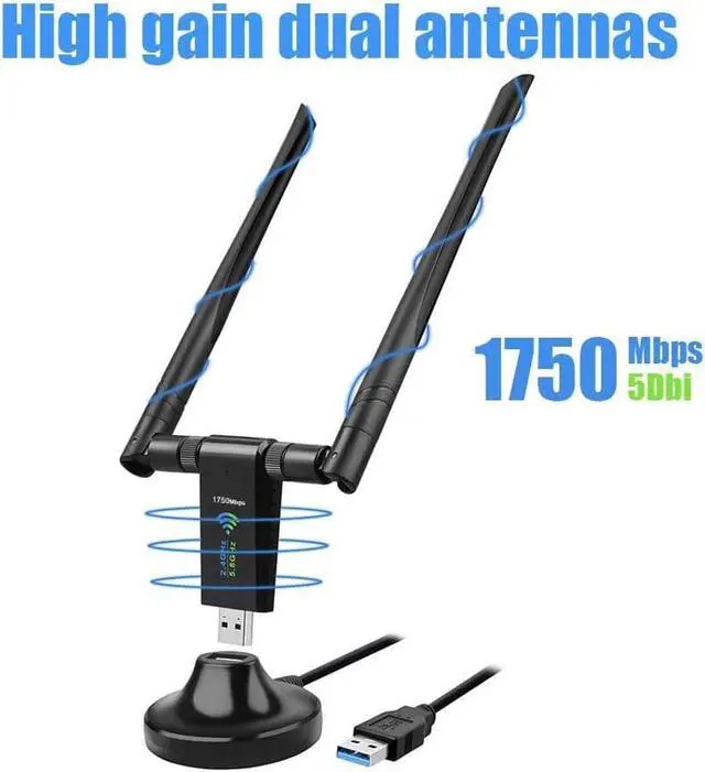 Main image of USB WiFi Adapter for PC, 1750Mbps Dual Band 2.4GHz/450Mbps 5GHz/1300Mbps High Gain 5dBi Antennas USB 3.0 Wireless Adapter Network Card for PC with Windows 11/10/8/7/XP/Vista, Mac OS 10.9-10.15