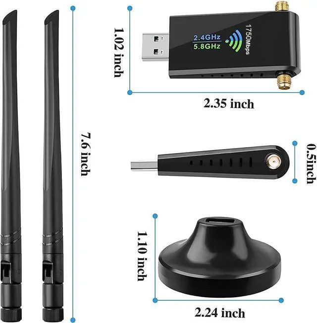 Alt view image 7 of 7 - USB WiFi Adapter for PC, 1750Mbps Dual Band 2.4GHz/450Mbps 5GHz/1300Mbps High Gain 5dBi Antennas USB 3.0 Wireless Adapter Network Card for PC with Windows 11/10/8/7/XP/Vista, Mac OS 10.9-10.15