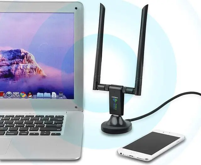 Alt view image 2 of 7 - USB WiFi Adapter for PC, 1750Mbps Dual Band 2.4GHz/450Mbps 5GHz/1300Mbps High Gain 5dBi Antennas USB 3.0 Wireless Adapter Network Card for PC with Windows 11/10/8/7/XP/Vista, Mac OS 10.9-10.15