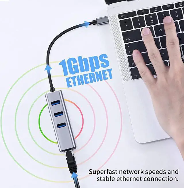 Alt view image 6 of 7 - USB C to Ethernet Adapter with 3 Port USB 3.0, Type C Hub with RJ45 10/100/1000 Gigabit Ethernet 4- in-1 USB C Hub Compatible for Mac-Book Pro 2021/2020/2019/2018/2017,Air, D-e-l-l XPS and More