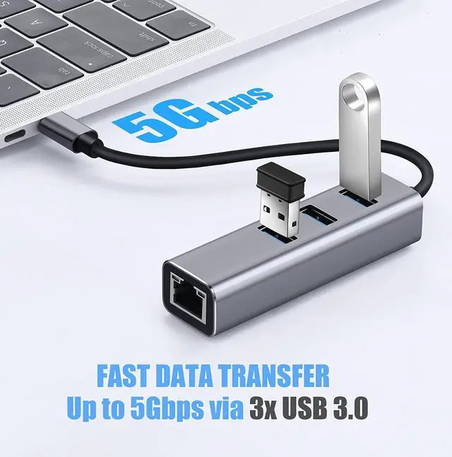 Alt view image 3 of 7 - USB C to Ethernet Adapter with 3 Port USB 3.0, Type C Hub with RJ45 10/100/1000 Gigabit Ethernet 4- in-1 USB C Hub Compatible for Mac-Book Pro 2021/2020/2019/2018/2017,Air, D-e-l-l XPS and More