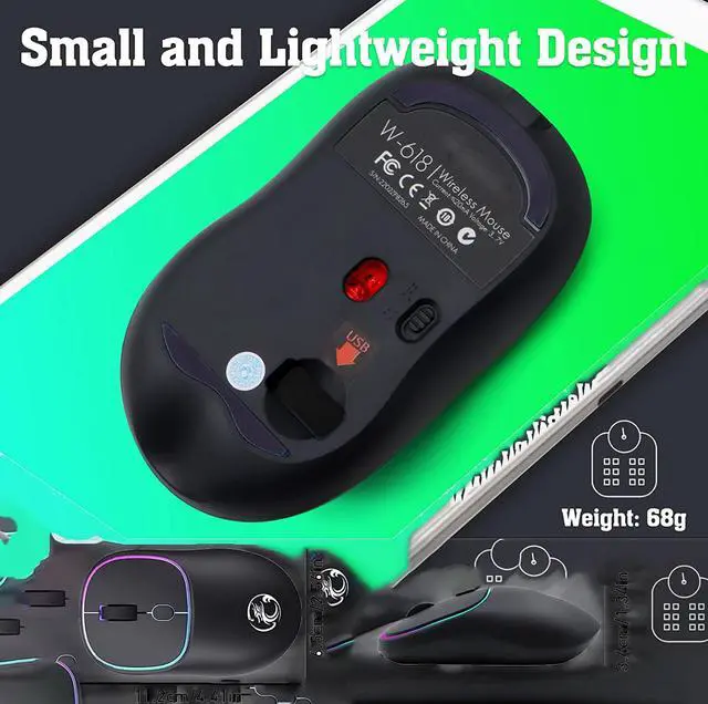 Alt view image 7 of 7 - 7-Color Luminous Rechargeable Wireless Mouse, Silent Wireless Mouse, Stable 2.4G Wireless Mice with LED Light, Portable Type-C Port Mouse for Windows, Mac, Laptop, Desktop (Black)