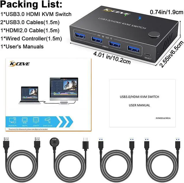 Alt view image 7 of 7 - KVM Switch HDMI 2 Port, USB 3.0 HDMI KVM Switcher Selector Box 2 in 1 Out with EDID Simulator Function Support 4K @60Hz Resolution for 2 Computers Share Mouse Keyboard and Monitor