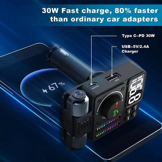 Alt view image 4 of 7 - Bluetooth Car Adapter - Car Bluetooth 5.3 FM Transmitter, PD 30W Type C Fast Charge & USB Port, HiFi Treble & Bass Player, Color Screen & Music Light Bar, Support Hands-Free Siri Goo-gle Assistant