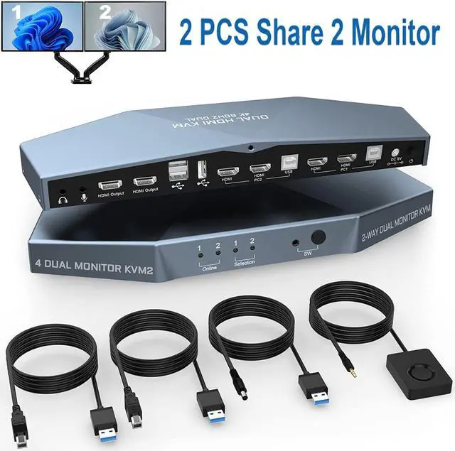 Main image of Dual Monitor HDMI KVM Switch for 2 Computers Share 2 Monitors, 4K @60Hz Extended Display Dual Monitors KVM Switch with Audio Microphone Out and 3 USB 2.0 ports, PC Monitor Keyboard Mouse Switcher