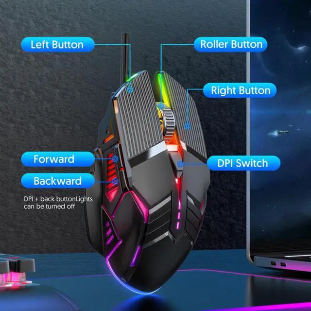 Alt view image 4 of 7 - 3200DPI Ergonomic Optical Gaming Mice, USB Wired Gaming Mouse, RGB Mause Gamer Mouse with 6 Button, 4 Adjustable DPI [1200-1600-2400-3200 dpi], LED Silent Gaming Mice for PC Laptop Computer