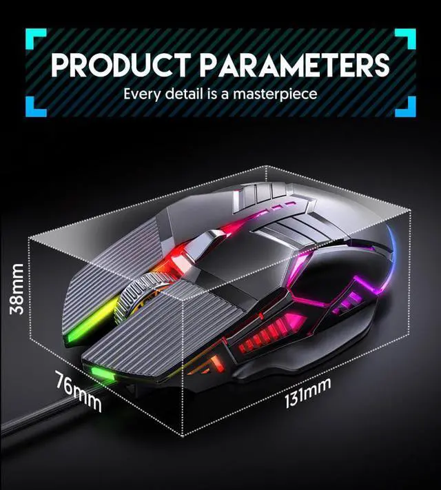 Alt view image 7 of 7 - 3200DPI Ergonomic Optical Gaming Mice, USB Wired Gaming Mouse, RGB Mause Gamer Mouse with 6 Button, 4 Adjustable DPI [1200-1600-2400-3200 dpi], LED Silent Gaming Mice for PC Laptop Computer