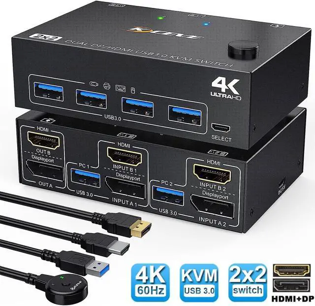 Main image of 2 Port Displayport + HDMI Dual Monitor KVM Switch USB 3.0, HDMI DP Extended Display Switcher for 2 Computers Share 2 Monitors Support 4K @60Hz with 4 USB 3.0 Ports, Wired Remote and 4 Cables Included