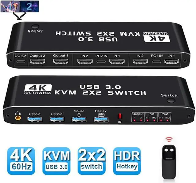 Main image of Dual Monitor HDMI KVM Switch 2 Monitors 2 Computers 2 in 2 Out, 4K @60Hz USB HDMI KVM Switches with Audio HDMI2.0 Ports+4x USB 3.0, Supports 4K 60Hz, RGB 4:4:4, HDR, HDCP, Hotkey, Darkish (USB 3.0)