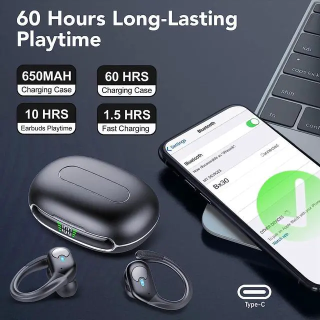 Alt view image 3 of 7 - Ture Wireless Earbuds, Bluetooth Headphones 5.3, 60Hrs Playtime USB-C Charging Case, LED Display, ENC Clear Talk, Deep Bass, Comfortable Fit, Over-Ear IPX7 Waterproof Headset with Earhooks