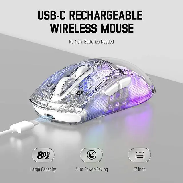 Alt view image 6 of 7 - Wireless Gaming Mouse, Tri-Mode Wireless Mouse-2.4Ghz/Bluetooth 5.0/USB C Wired, 5 Adjustable DPI, Ergonomic PC Gaming Mice with Transparent Shell-PAW Sensor-RGB Backlit-Silent Click for Win/MAC
