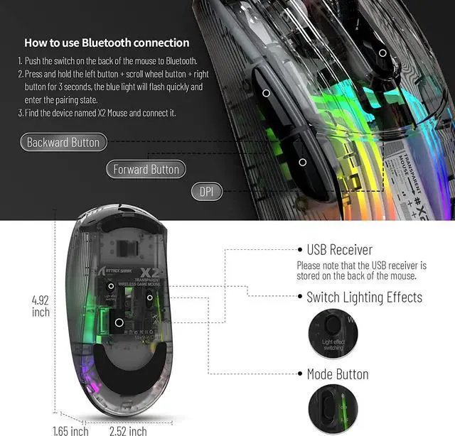 Alt view image 3 of 7 - Wireless Gaming Mouse, Tri-Mode Wireless Mouse-2.4Ghz/Bluetooth 5.0/USB C Wired, 5 Adjustable DPI, Ergonomic PC Gaming Mice with Transparent Shell-PAW Sensor-RGB Backlit-Silent Click for Win/MAC