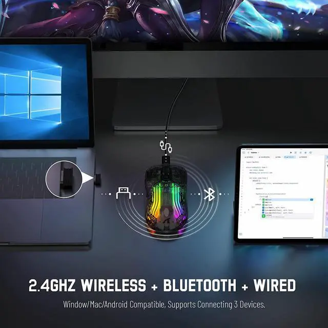Alt view image 4 of 7 - Wireless Gaming Mouse, Tri-Mode Wireless Mouse-2.4Ghz/Bluetooth 5.0/USB C Wired, 5 Adjustable DPI, Ergonomic PC Gaming Mice with Transparent Shell-PAW Sensor-RGB Backlit-Silent Click for Win/MAC