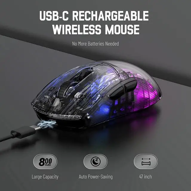 Alt view image 6 of 7 - Wireless Gaming Mouse, Tri-Mode Wireless Mouse-2.4Ghz/Bluetooth 5.0/USB C Wired, 5 Adjustable DPI, Ergonomic PC Gaming Mice with Transparent Shell-PAW Sensor-RGB Backlit-Silent Click for Win/MAC