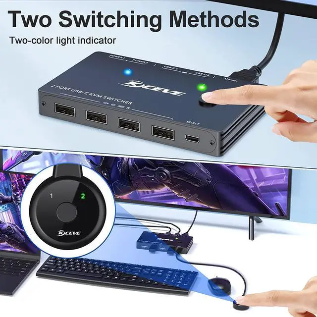 Alt view image 3 of 7 - 2 Ports USB Type-C KVM Switch 4K@60Hz, 2 in 1 Out USB C KVM Switch for 2 Computers Share 1 HDMI Monitor and USB Devices-Power Delivery 100W,Type-C KVM with USB-C Cable,HD-MI2.0 Cable and Wired Remote