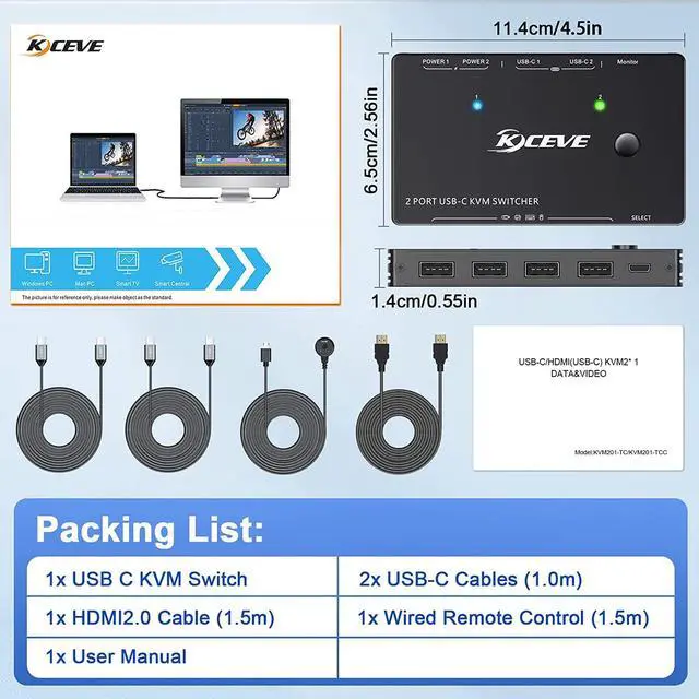 Alt view image 7 of 7 - 2 Ports USB Type-C KVM Switch 4K@60Hz, 2 in 1 Out USB C KVM Switch for 2 Computers Share 1 HDMI Monitor and USB Devices-Power Delivery 100W,Type-C KVM with USB-C Cable,HD-MI2.0 Cable and Wired Remote