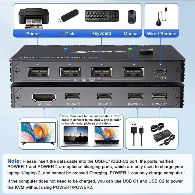 Alt view image 2 of 7 - 2 Ports USB Type-C KVM Switch 4K@60Hz, 2 in 1 Out USB C KVM Switch for 2 Computers Share 1 HDMI Monitor and USB Devices-Power Delivery 100W,Type-C KVM with USB-C Cable,HD-MI2.0 Cable and Wired Remote