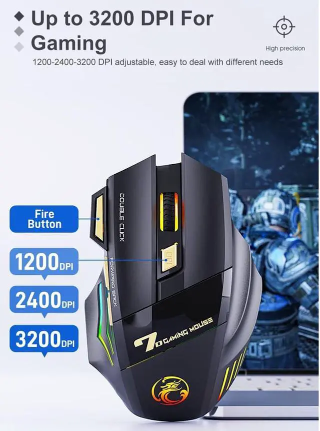 Alt view image 3 of 7 - RGB Wireless Gaming Mouse, Rechargeable Silent Click Gaming Mouse with 2.4G USB Receiver, 3 Adjustable DPI [1200-2400-3200DPI] , 7 Sensitive Buttons Ergonomic RGB Gaming Mouse for Laptop PC Mac