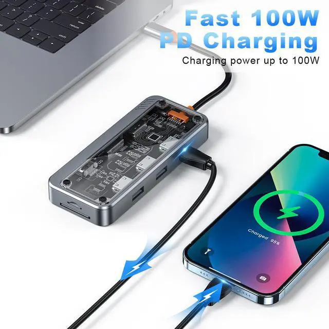 Alt view image 2 of 7 - Transparent USB C Hub, 10-in-1 Type C Docking Station with RJ45 Ethernet Type C Adapter USB3.0/USB2.0 4K@30Hz HDMI VGA SD/TF Card Reader USB-C PD 3.0 3.5mm Audio Compatible with Type C Laptops
