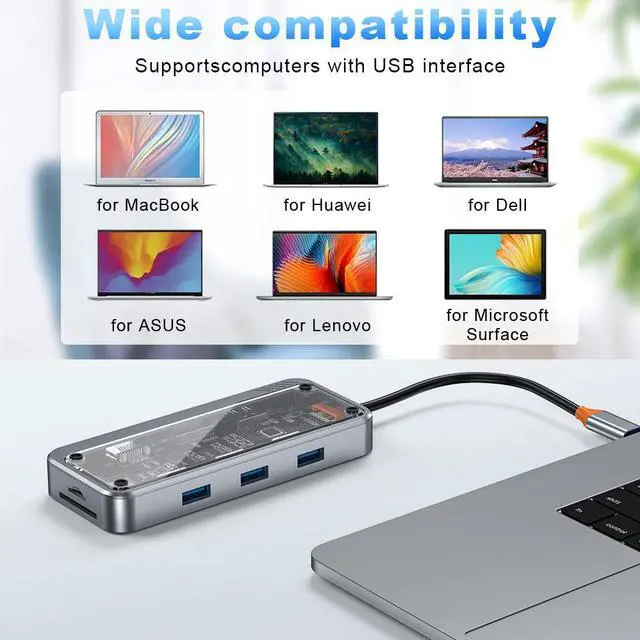 Alt view image 6 of 7 - Transparent USB C Hub, 10-in-1 Type C Docking Station with RJ45 Ethernet Type C Adapter USB3.0/USB2.0 4K@30Hz HDMI VGA SD/TF Card Reader USB-C PD 3.0 3.5mm Audio Compatible with Type C Laptops
