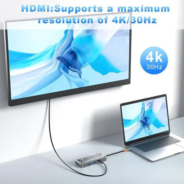 Alt view image 4 of 7 - Transparent USB C Hub, 10-in-1 Type C Docking Station with RJ45 Ethernet Type C Adapter USB3.0/USB2.0 4K@30Hz HDMI VGA SD/TF Card Reader USB-C PD 3.0 3.5mm Audio Compatible with Type C Laptops