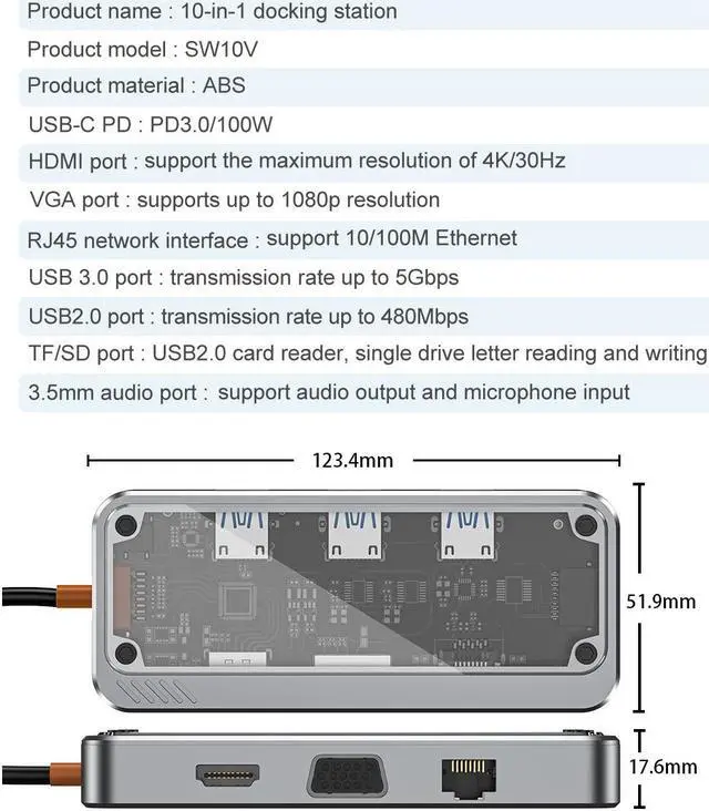 Alt view image 7 of 7 - Transparent USB C Hub, 10-in-1 Type C Docking Station with RJ45 Ethernet Type C Adapter USB3.0/USB2.0 4K@30Hz HDMI VGA SD/TF Card Reader USB-C PD 3.0 3.5mm Audio Compatible with Type C Laptops
