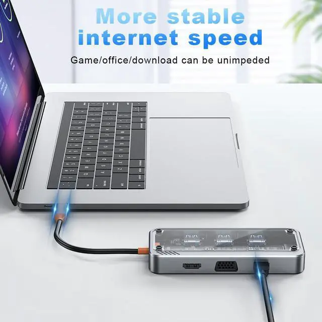 Alt view image 3 of 7 - Transparent USB C Hub, 10-in-1 Type C Docking Station with RJ45 Ethernet Type C Adapter USB3.0/USB2.0 4K@30Hz HDMI VGA SD/TF Card Reader USB-C PD 3.0 3.5mm Audio Compatible with Type C Laptops